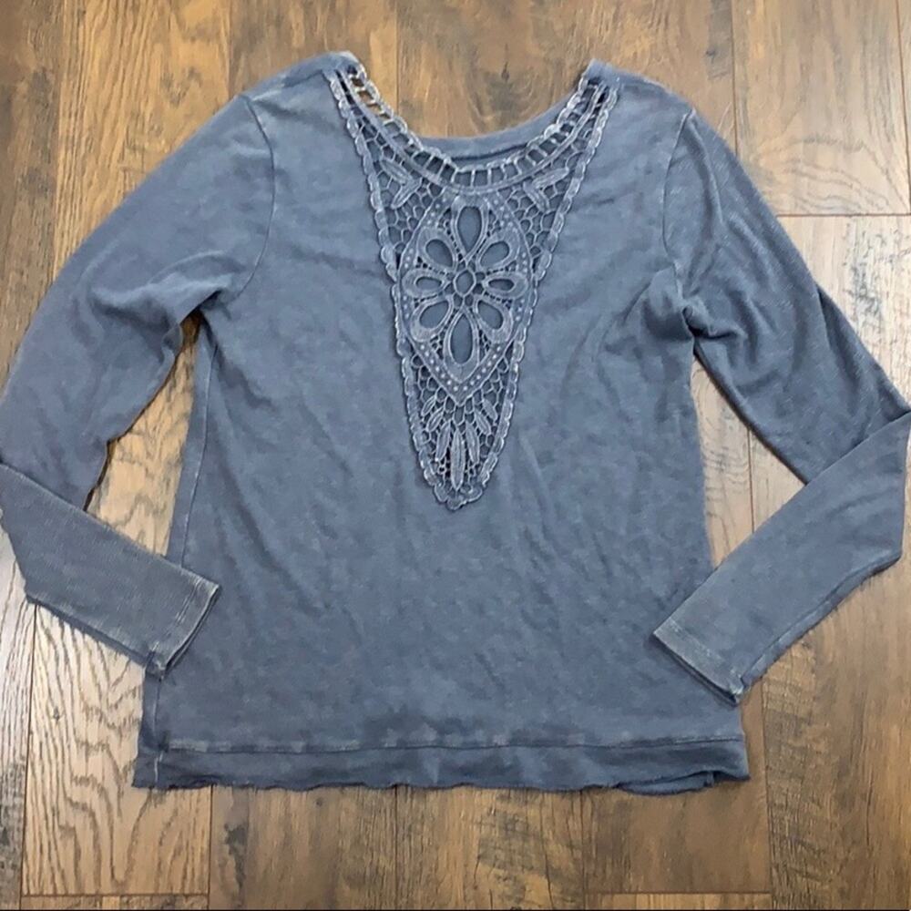 Daytrip Henley Lace Front Blue Long Sleeve Top
